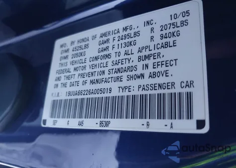 2006 Acura Tl из США, поврежденный, VIN 19UUA66226A005019